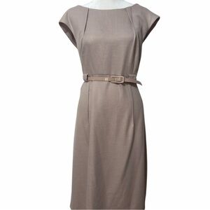 Connected Apparel Belted Cap Sleeve Sheath Dress Taupe Tweed Woven Size 16